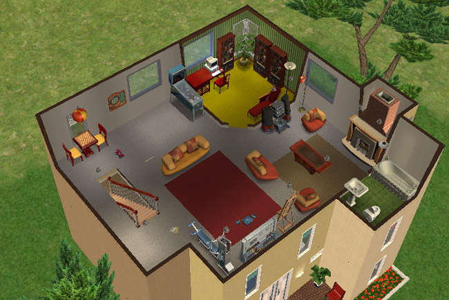A cutaway view shows a large furnished activity space with seating, bookshelves, computers, exercise equipment, a fireplace, and stair access.