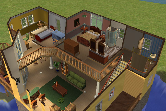 A cutaway view shows the furnished second floor with bedrooms, a bathroom, a landing with railings, and a separate room reached by the stairs.
