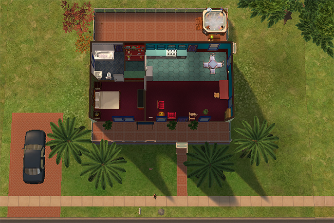 Top-down floor plan view of Western India showing the open studio-style layout, driveway, porch, hot tub terrace, kitchen, bathroom, and combined living and bedroom spaces.