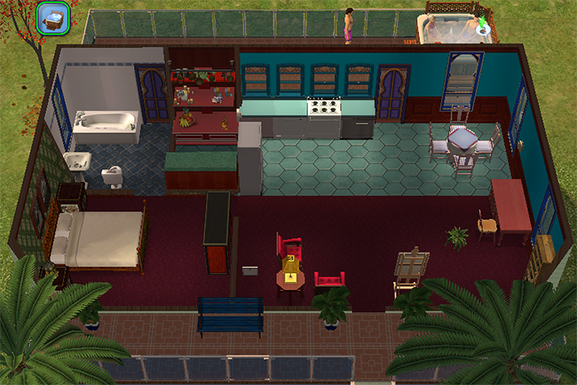 Cutaway interior view of Western India showing the open living area, kitchen, dining space, bedroom area, bathroom, and rooftop hot tub terrace.