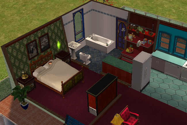 Close interior view of Western India showing the bedroom and bathroom area with jewel-toned walls, decorative shelving, arched doors, patterned flooring, and colorful accent furnishings.