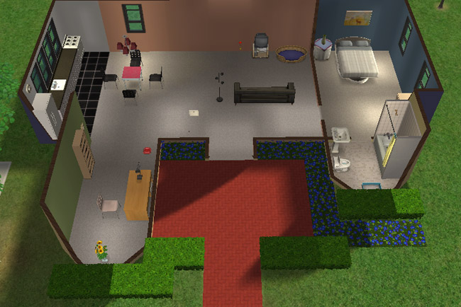 A cutaway view shows a furnished one-bedroom home with a kitchen, dining area, living space, bathroom, activity items, and pet supplies.