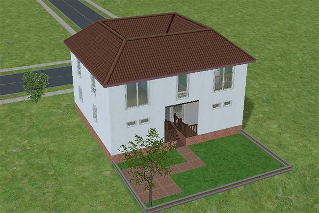 Rear exterior aerial view showing fenced yard space, large modern windows, elevated rear entry access, and the symmetrical roof structure of the contemporary home.