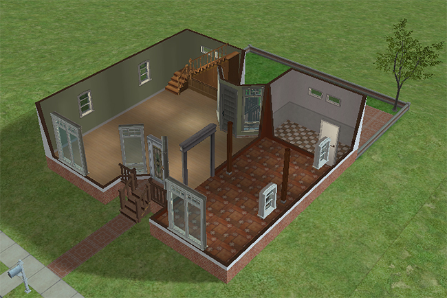 Cutaway first floor view featuring a large open entry hall with decorative columns, broad staircase access, connected living areas, and spacious lower-level rooms.