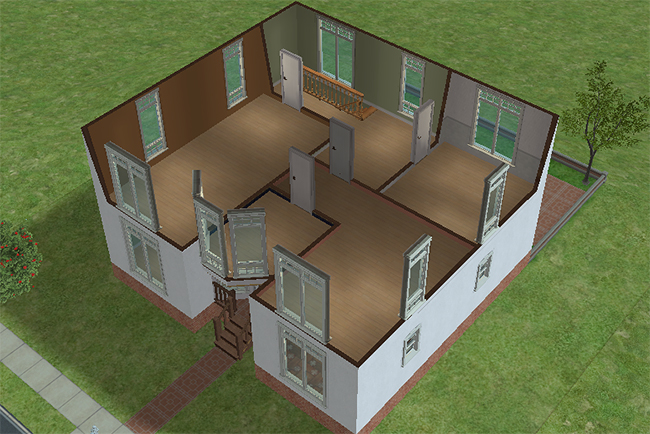 Cutaway second floor view showing multiple upper-level bedrooms arranged around an open central stairwell with large surrounding windows and spacious room layouts.