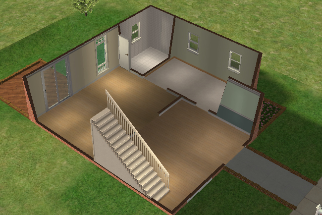 Cutaway ground floor view of 1 New Street showing an open split-level layout with large front windows, elevated living spaces, staircase, and spacious unfurnished rooms.