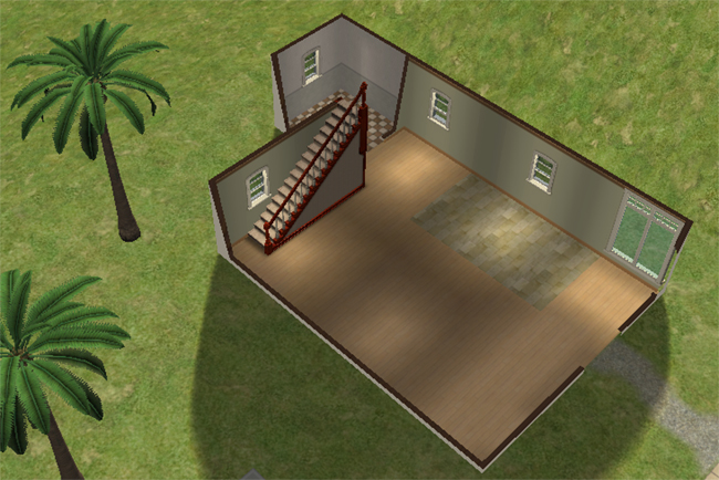 Cutaway first floor view showing an open living and dining area, kitchen space, bathroom, central staircase access, and broad unfurnished lower-level rooms.