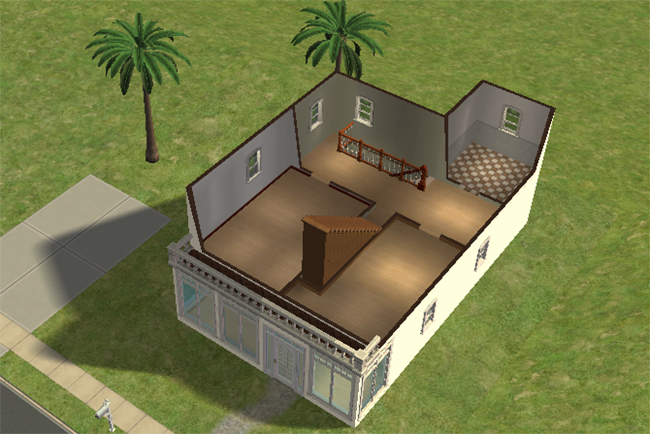 Cutaway second floor view featuring two bedrooms, a central landing area, bathroom space, and staircase access connecting the upper levels.