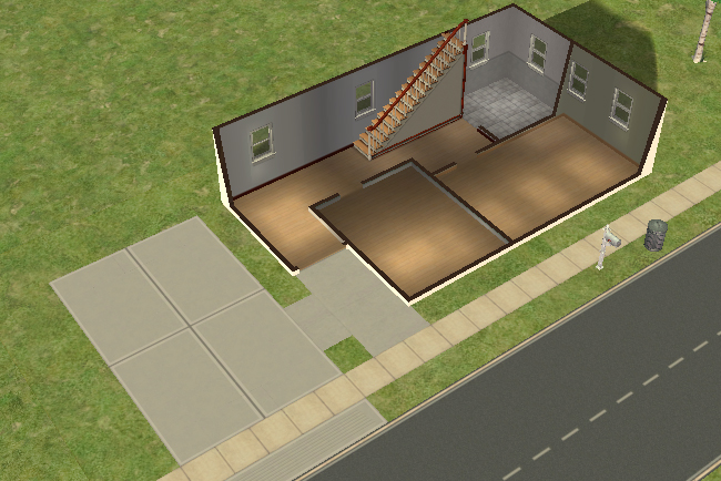 Cutaway first floor view showing an open lower level with driveway access, main staircase, kitchen space, bathroom area, and broad unfurnished living