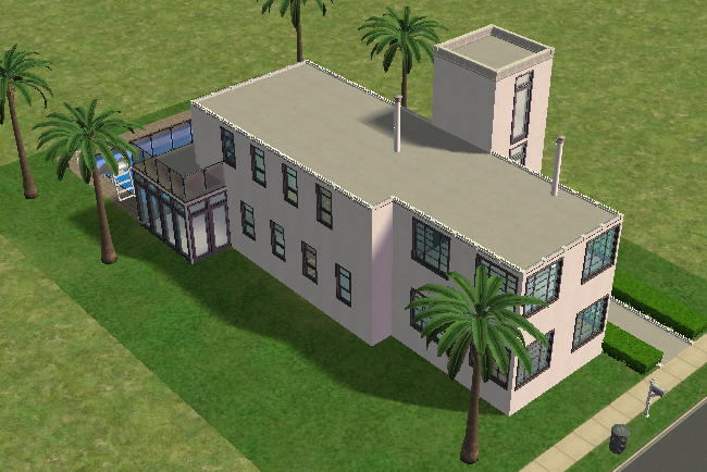 Front exterior view of an Art Deco-inspired modern home with white walls, flat rooflines, tall windows, palm trees, glass sunroom sections, and a tower-like entry feature.