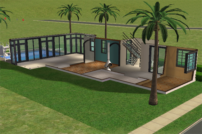 Cutaway first floor view showing the glass sunroom, open living spaces, central stair area, kitchen and dining rooms, bathroom space, and multiple arched doorways throughout the modern layout.