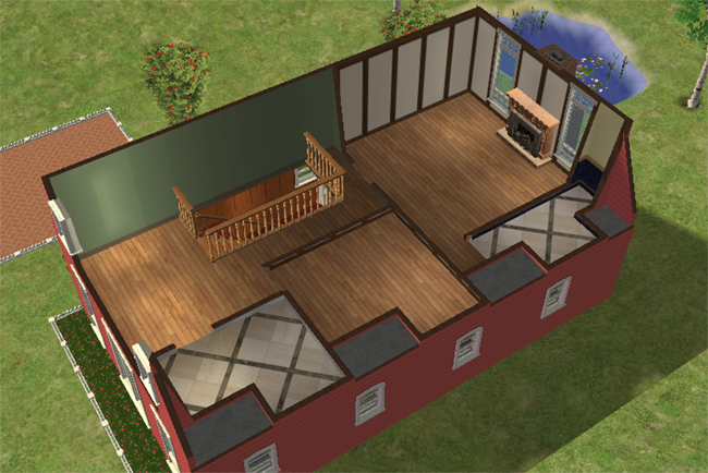 Cutaway second floor view of Barn Conversion 1 featuring open upper rooms, staircase landing, wood flooring, fireplace, dormer window spaces, and partially divided bedroom areas beneath the roofline.