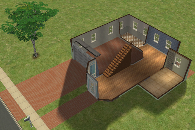 Cutaway first floor view of Barn Conversion 2 showing the attached garage, glass entry porch, central staircase, open living space, tiled kitchen area, and unfurnished interior rooms.