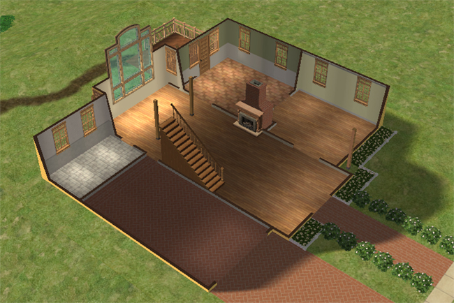 The first floor of a Sims 2 barn conversion with an attached garage, open wood-floored living space, kitchen area, staircase, and fireplace.