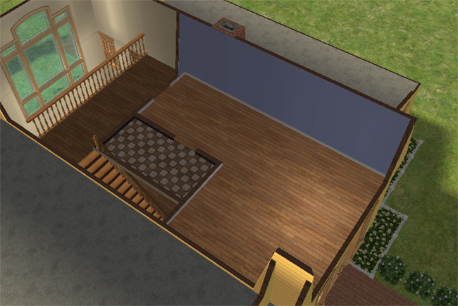 The second floor of a Sims 2 barn conversion with wood floors, blue walls, a staircase opening, and space for a bedroom and bath.