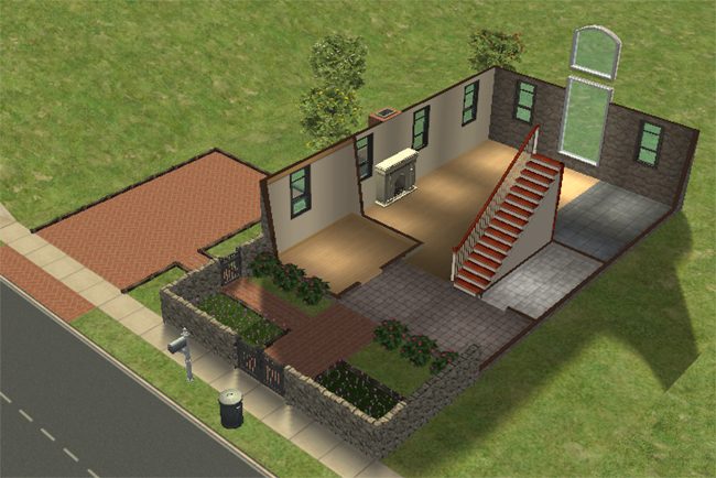 The first floor of a Sims 2 barn conversion with a walled front garden, brick driveway, tiled entry, staircase, wood flooring, and an open main room.