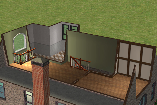 The second floor of a Sims 2 barn conversion with wood floors, a chimney, stair landing, bathroom space, and two separate bedroom areas.