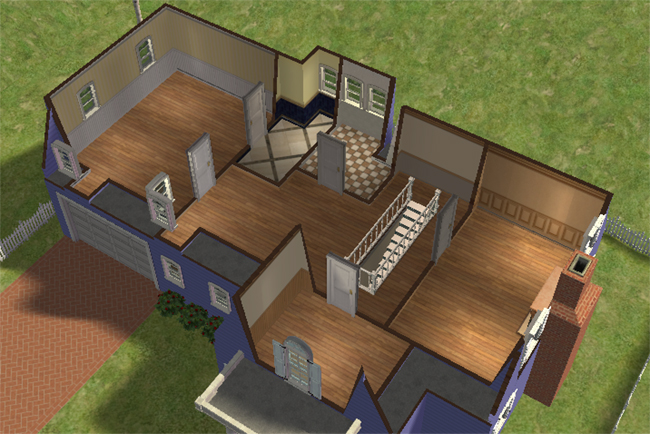 An overhead floor plan of a barn conversion with three bedrooms, three bathrooms, open living space, kitchen areas, garage, porch, and fenced yard.