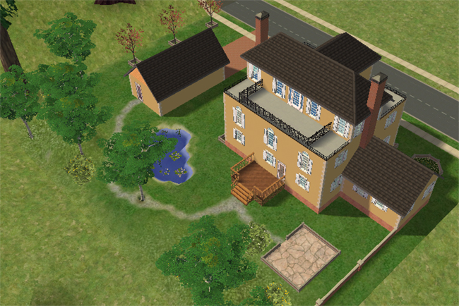 The rear of a large Sims 2 chateau with balconies, chimneys, a wooden back deck, a pond, trees, and a stone patio area.