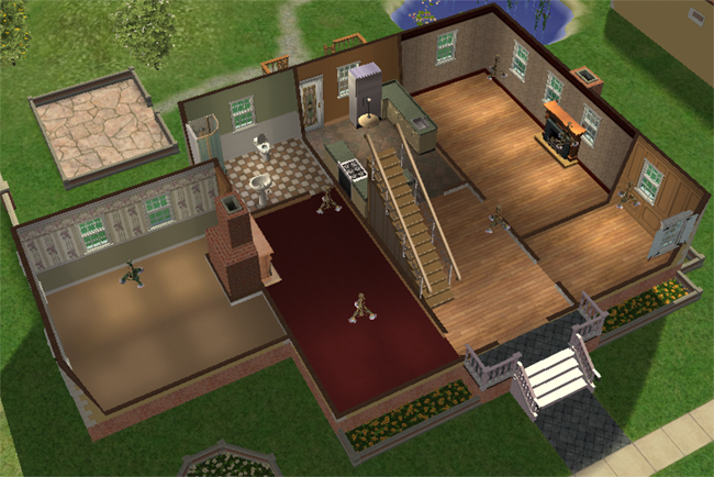 The first floor of a large Sims 2 chateau with a central staircase, wood floors, fireplace, kitchen area, bathroom, and multiple open rooms.