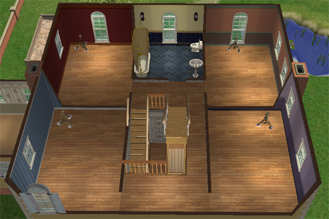 The second floor of a large Sims 2 chateau with wood floors, bedrooms, bathrooms, arched windows, and a stair landing.