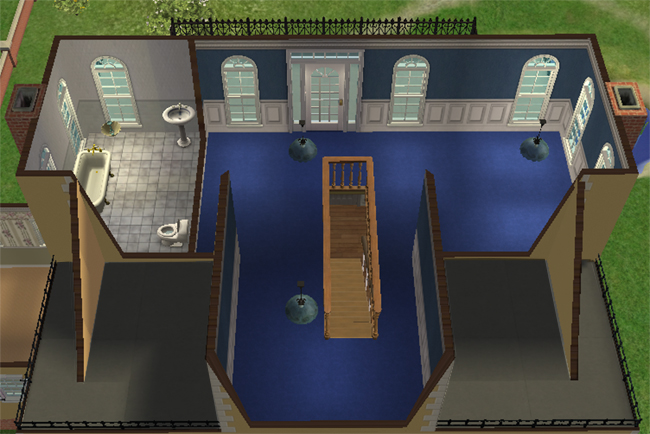 The third floor of a large Sims 2 chateau with blue carpeting, arched windows, bathroom space, stair landing, and balcony access.