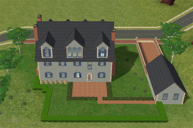 The rear of a large Sims 2 chateau with a detached garage, brick driveway, fenced yard, hedges, back garden, and multiple rooflines.
