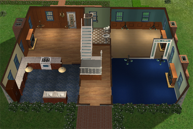 he first floor of a Sims 2 chateau with a kitchen, dining area, central staircase, bathroom, wood floors, fireplace, and large blue-carpeted room.