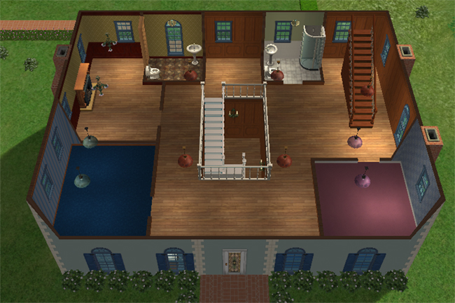 The second floor of a Sims 2 chateau with wood floors, bedrooms, bathrooms, fireplaces, a stair landing, and several large rooms.