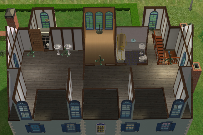 The third floor of a Sims 2 chateau with dormer rooms, bathroom spaces, arched windows, gray wood floors, and a central stair landing.
