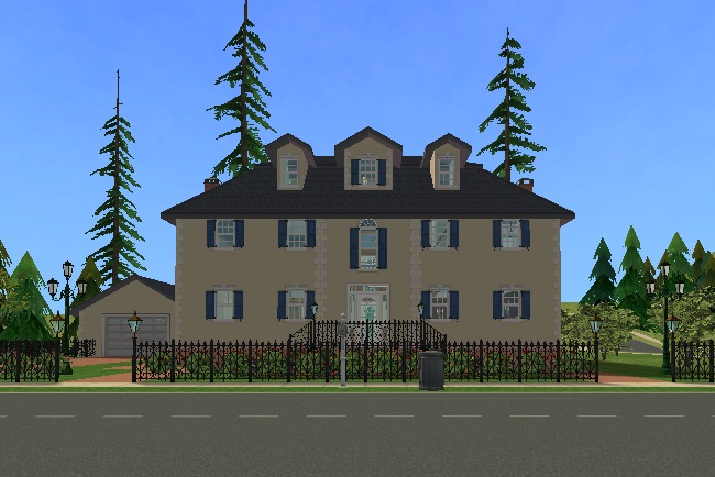 A large cream-colored Sims 2 chateau with blue shutters, dormer windows, an iron fence, front gate, detached garage, and tall evergreens.
