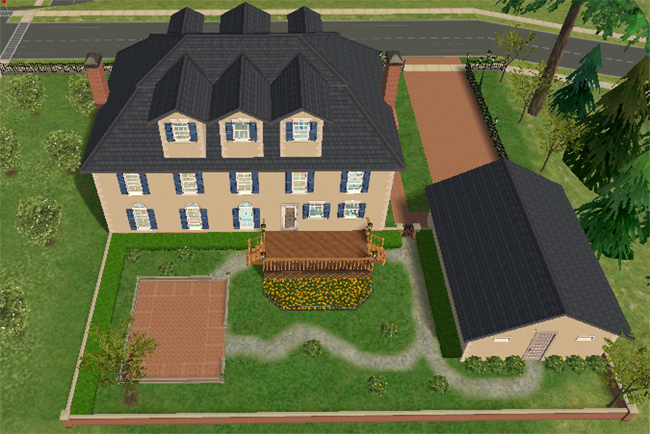 The rear of a large Sims 2 chateau with dormer windows, a detached garage, garden paths, a back deck, patio space, and fenced landscaping.