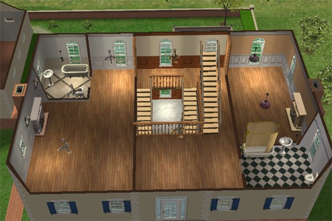 The second floor of a Sims 2 chateau with wood floors, arched windows, bedrooms, bathrooms, fireplaces, and a central stair landing.