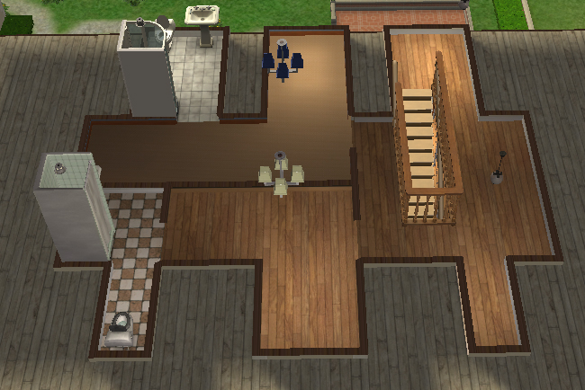 The third floor of a Sims 2 chateau with wood floors, dormer spaces, bathroom areas, lamps, and a central stair landing.