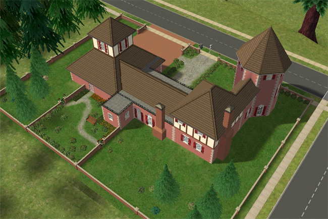 The rear of a pink Sims 2 chateau with a tower, detached garage, chimney, garden paths, fenced yard, and landscaped outdoor areas.