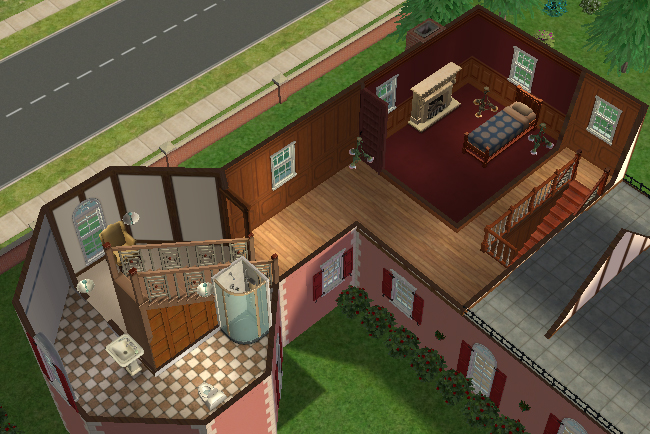The second floor of a Sims 2 chateau with a bedroom, bathroom, stair landing, wood-paneled walls, fireplace, and access to the tower area.