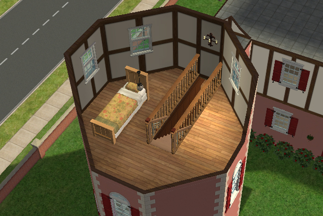 A Sims 2 tower room with wood floors, Tudor-style walls, a single bed, windows, wall light, and stairs leading down.