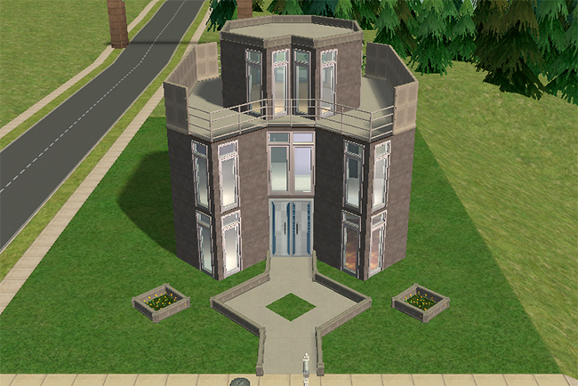 Front exterior view of a tall modern urban home featuring curved architectural walls, expansive vertical windows, rooftop terrace space, and symmetrical contemporary landscaping.
