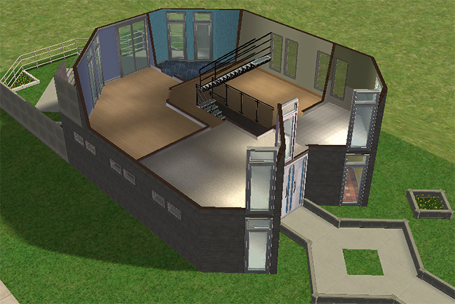 Cutaway second floor view showing elevated modern rooms connected by a central staircase, platform-style layouts, and expansive window-lined walls.