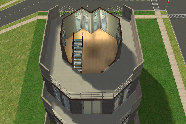 Cutaway third floor view featuring a compact upper-level room surrounded by a large rooftop terrace with panoramic modern windows and open outdoor balcony space.