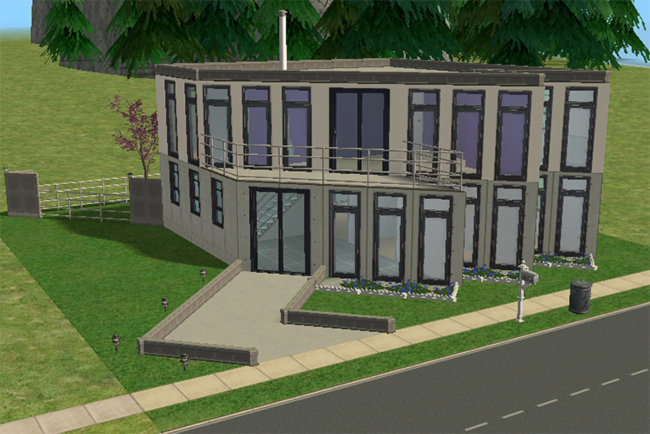 Front exterior view of a modern two-story home featuring strong vertical window panels, clean geometric lines, upper balcony space, and contemporary minimalist landscaping.