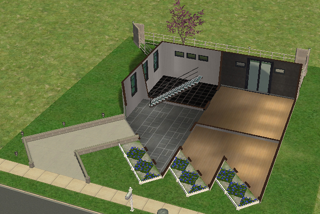 Cutaway ground floor view featuring an open modern layout with diagonal room divisions, central staircase access, large windows, and spacious unfurnished living areas.