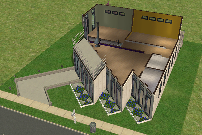 Cutaway upper floor view showing elevated modern rooms with angular layouts, balcony access, central staircase connections, and expansive window-lined walls.