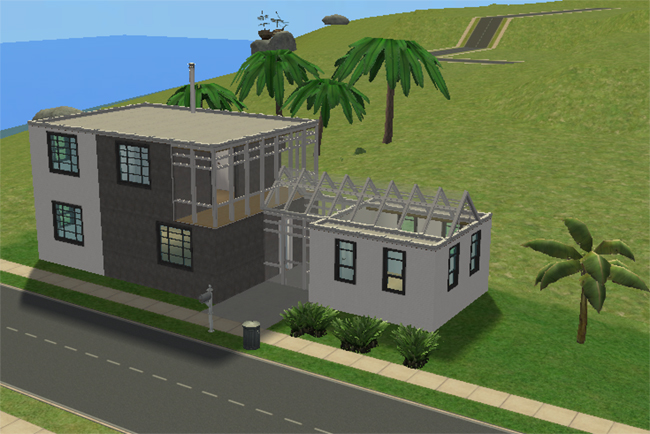 Front exterior view of Executive 1, a modern two-story home with dark and light exterior walls, large grid windows, glass roof framing, palm trees, and a detached side room connected by a glass walkway.