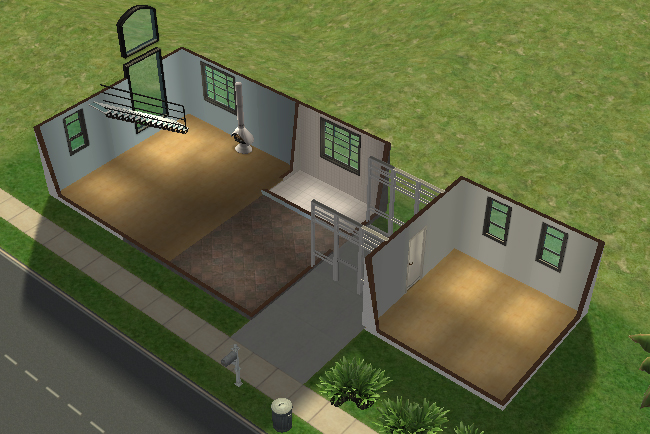 Cutaway first floor view of Executive 1 showing open unfurnished rooms, a tiled central entry area, glass walkway connection, detached side room, and modern window placement.