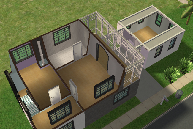Cutaway second floor view of Executive 1 featuring two bedrooms, two bathrooms, upper landing space, large modern windows, and the glass-roofed connector leading toward the detached room.