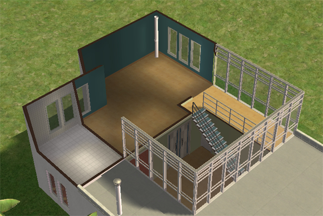 Cutaway second floor view of Executive 2 showing three bedrooms, two bathrooms, upper stair landing, glass-roofed terrace sections, and large windows throughout the modern layout.