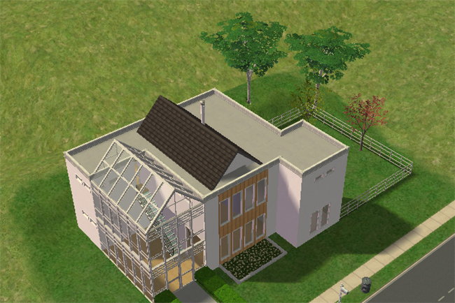 Front exterior view of Executive 3, a modern two-story home with pale walls, glass roof framing, large contemporary windows, dark roof accent, fenced yard, and simple landscaping.