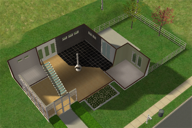 Cutaway first floor view of Executive 3 showing open unfurnished living spaces, glass entry framing, central staircase, black tiled kitchen area, side room, and fenced backyard.