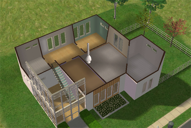 Cutaway second floor view of Executive 3 featuring three bedrooms, three bathrooms, upper stair landing, large modern windows, glass roof structure, and flexible open room layouts.